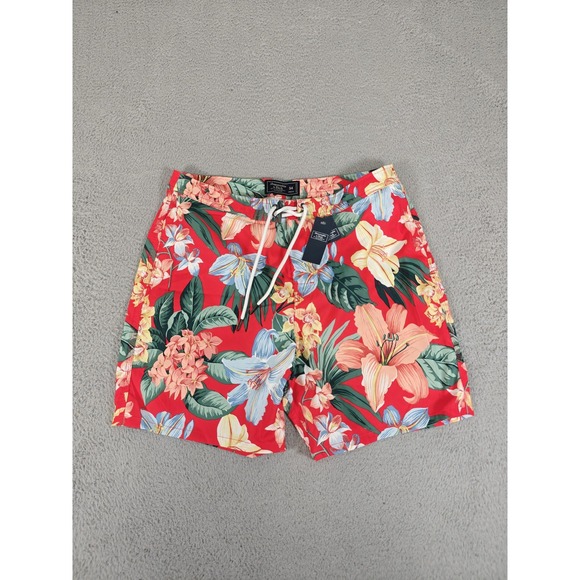 Abercrombie & Fitch Shorts Mens 34 Red 7 Inch Inseam Stretch Swim Trunks Floral - Picture 1 of 15